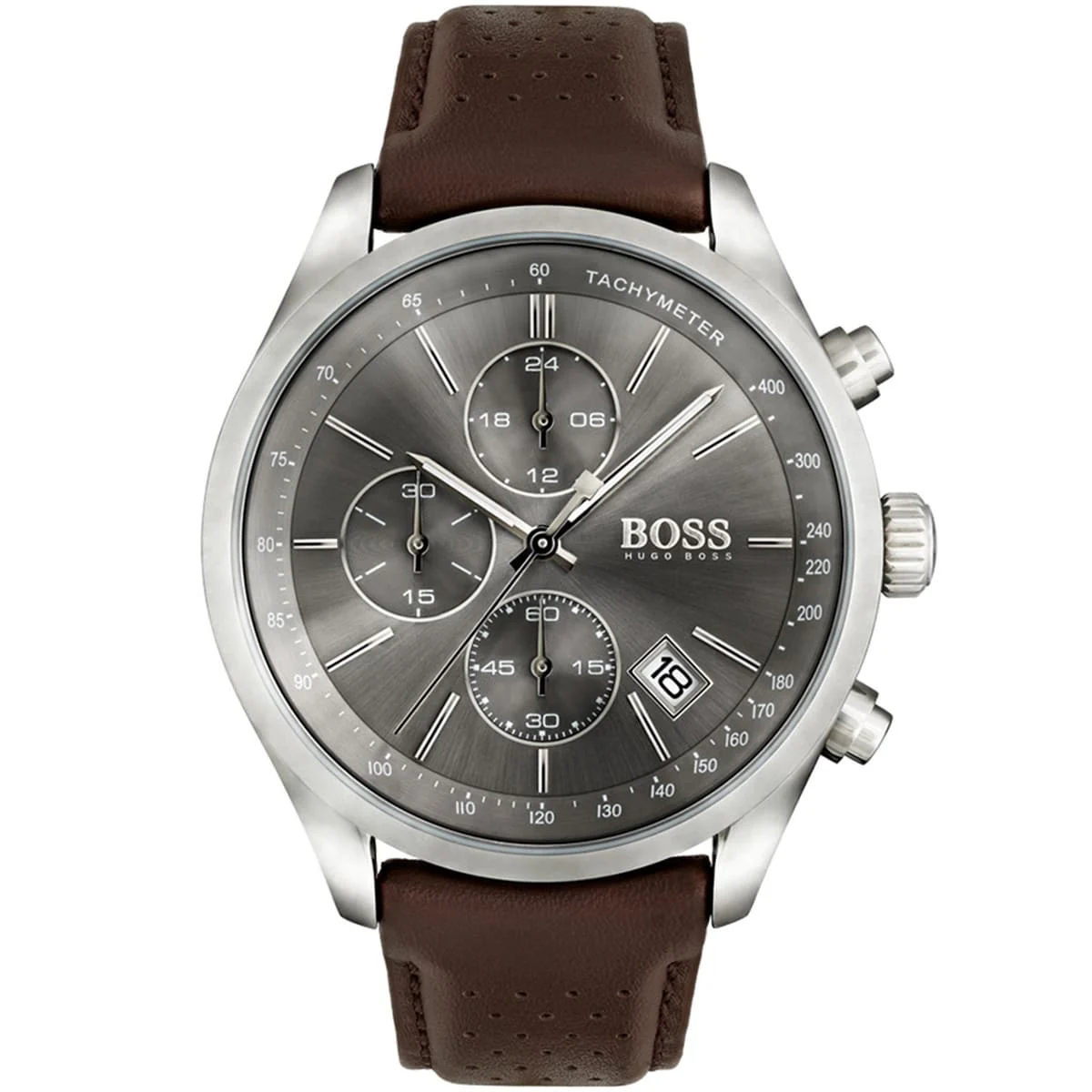 1513476-hugo-boss-watch-men-gray-dial-leather-brown-strap-quartz-analog-chronograph-grand-prix ساعة هوجو بوس للرجال 1513476 - الصورة 1