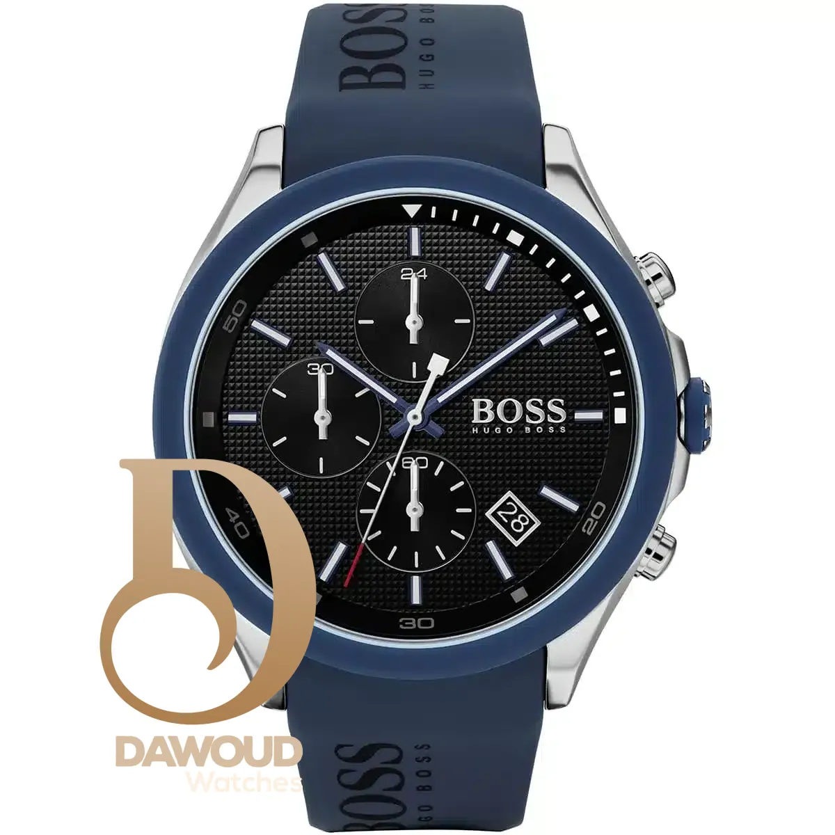 1513717-hugo-boss-watch-men-black-dial-rubber-blue-strap-quartz-battery-analog-chronograph-velocity ساعة هوجو بوس للرجال 1513717 - الصورة 1