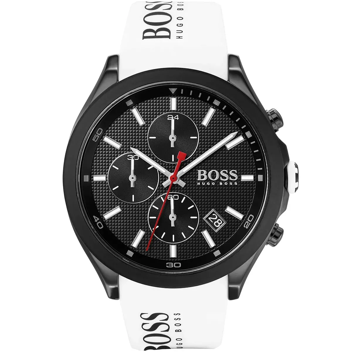 1513718-hugo-boss-watch-men-black-dial-rubber-white-strap-quartz-battery-analog-chronograph-velocity ساعة هوجو بوس للرجال 1513718 - الصورة 1
