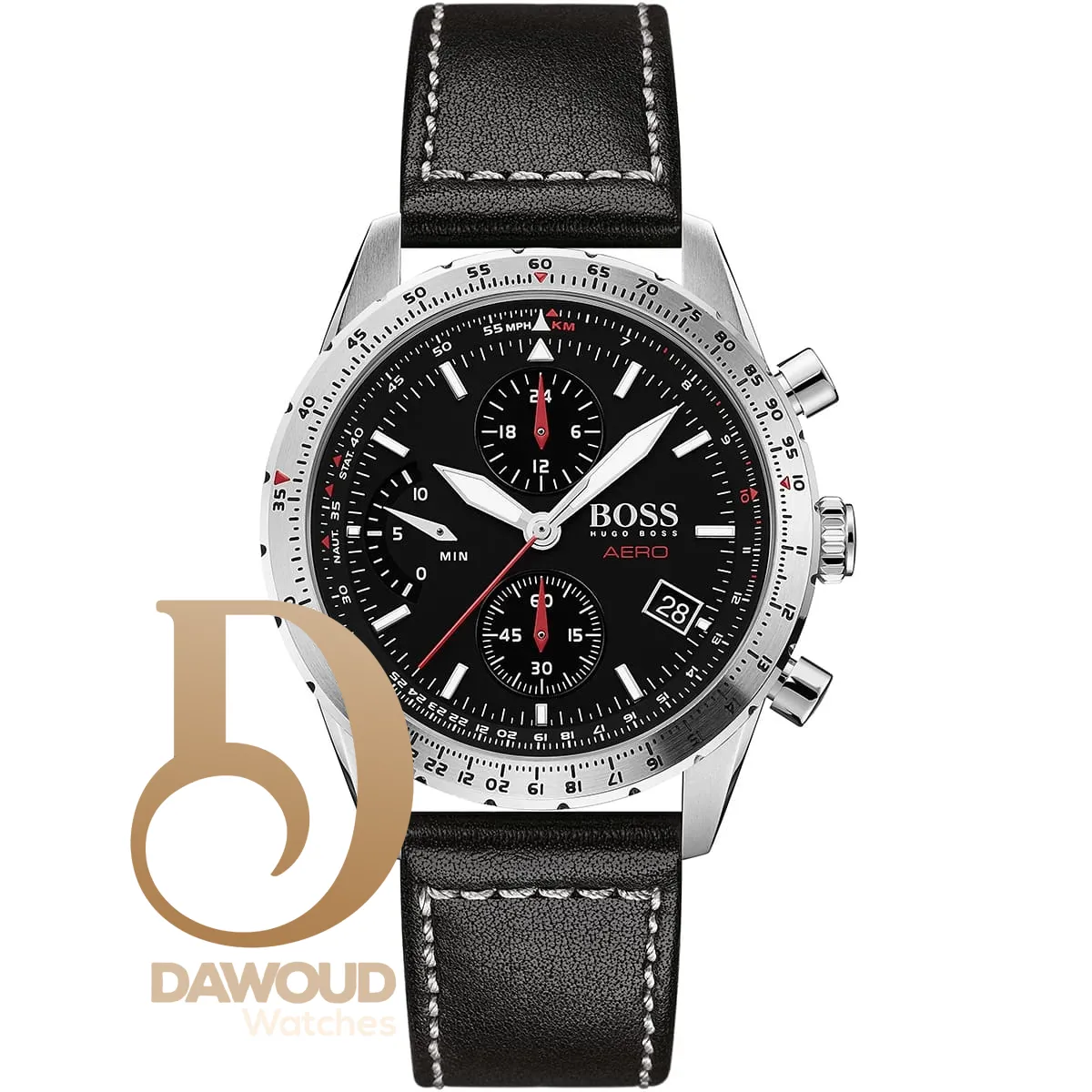 1513770-hugo-boss-watch-aero-men-black-dial-leather-strap-quartz-battery-analog-chronograph ساعة هوجو بوس للرجال 1513770 - الصورة 1