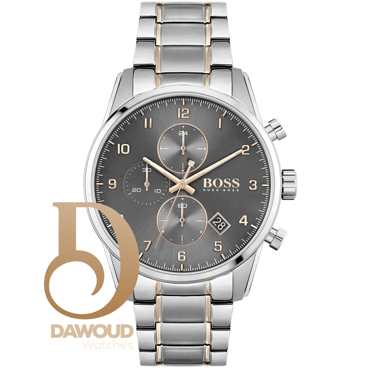 1513789-hugo-boss-watch-men-gray-dial-metal-stainless-silver-rose-gold-strap-quartz-battery-analog-chronograph-skymaster ساعة هوجو بوس للرجال 1513789 - Image 1