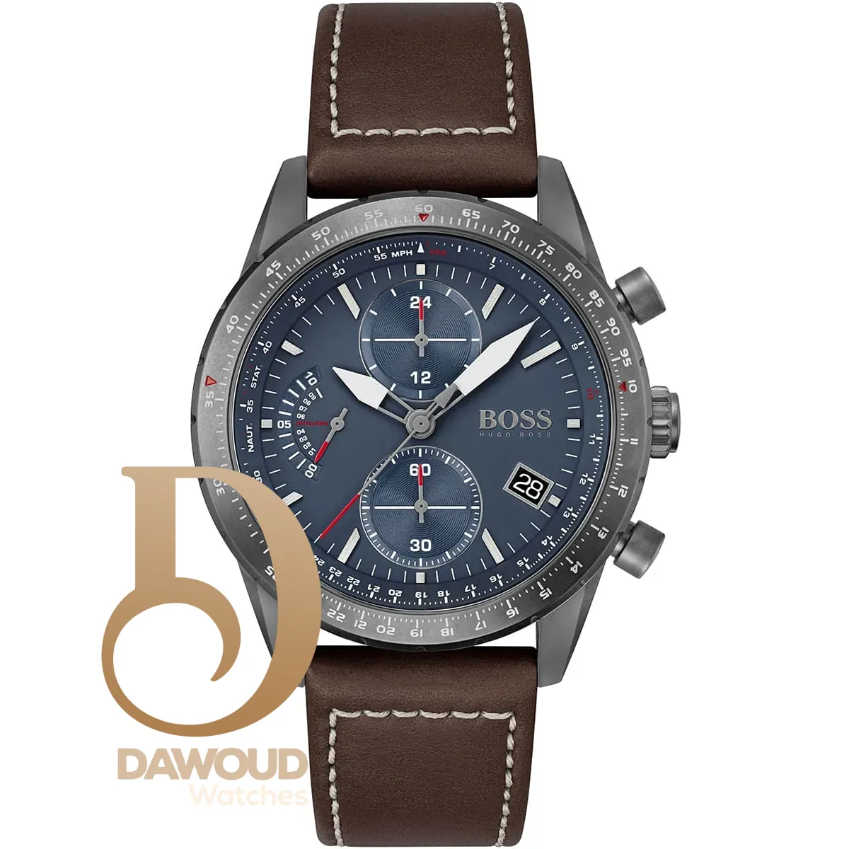 1513852-hugo-boss-watch-men-blue-dial-leather-brown-strap-quartz-battery-analog-chronograph-pilot-edition-chrono ساعة هوجو بوس للرجال 1513852 - الصورة 1