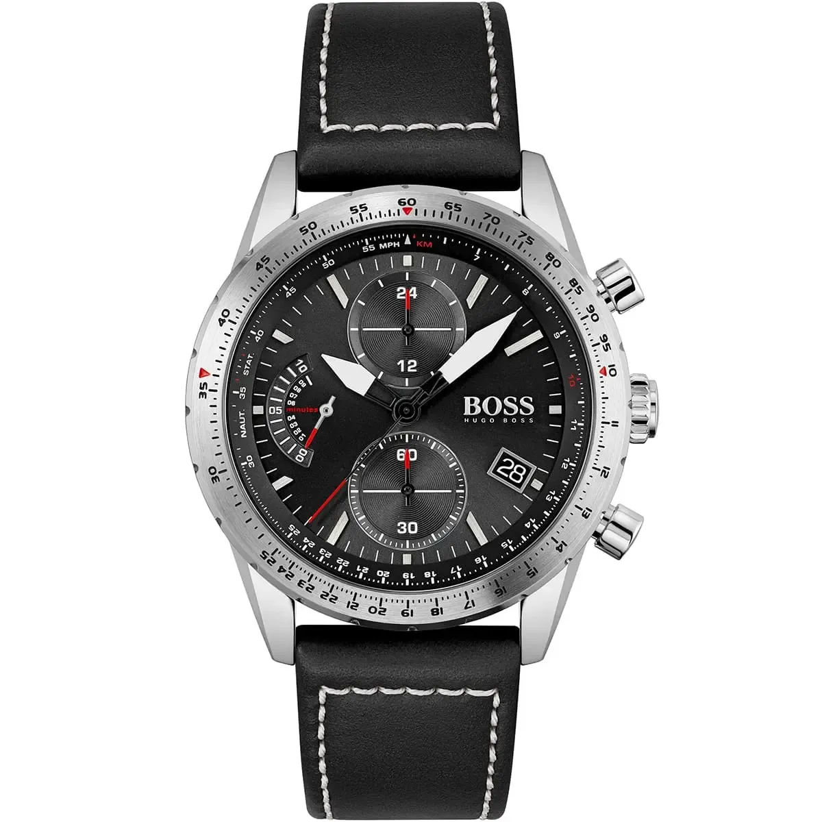1513853-hugo-boss-watch-men-black-dial-leather-strap-quartz-battery-analog-chronograph-pilot-edition-chrono ساعة هوجو بوس للرجال 1513853 - Image 1