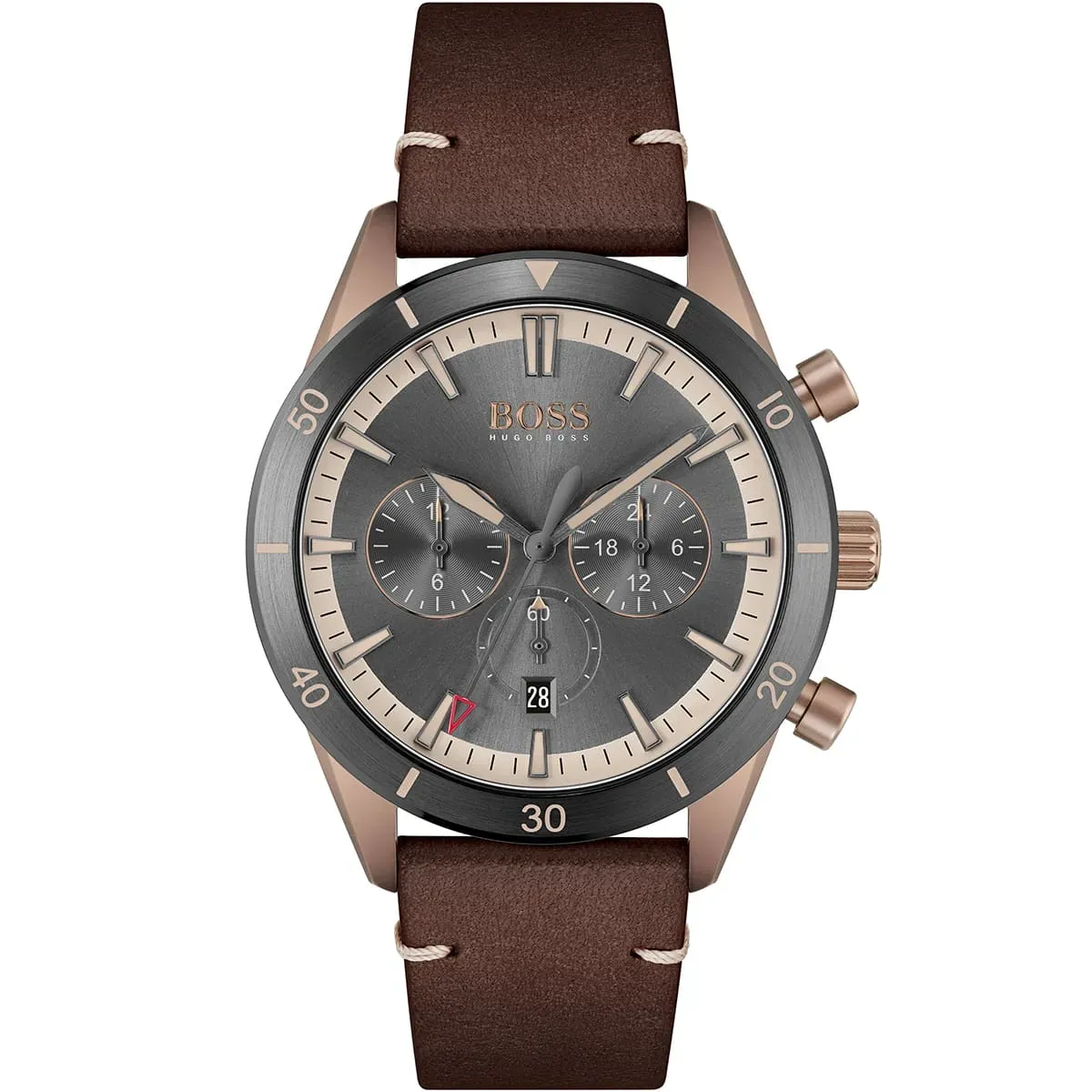 1513861-hugo-boss-watch-men-gray-dial-leather-brown-strap-quartz-battery-analog-chronograph-santiago ساعة هوجو بوس للرجال 1513861 - الصورة 1