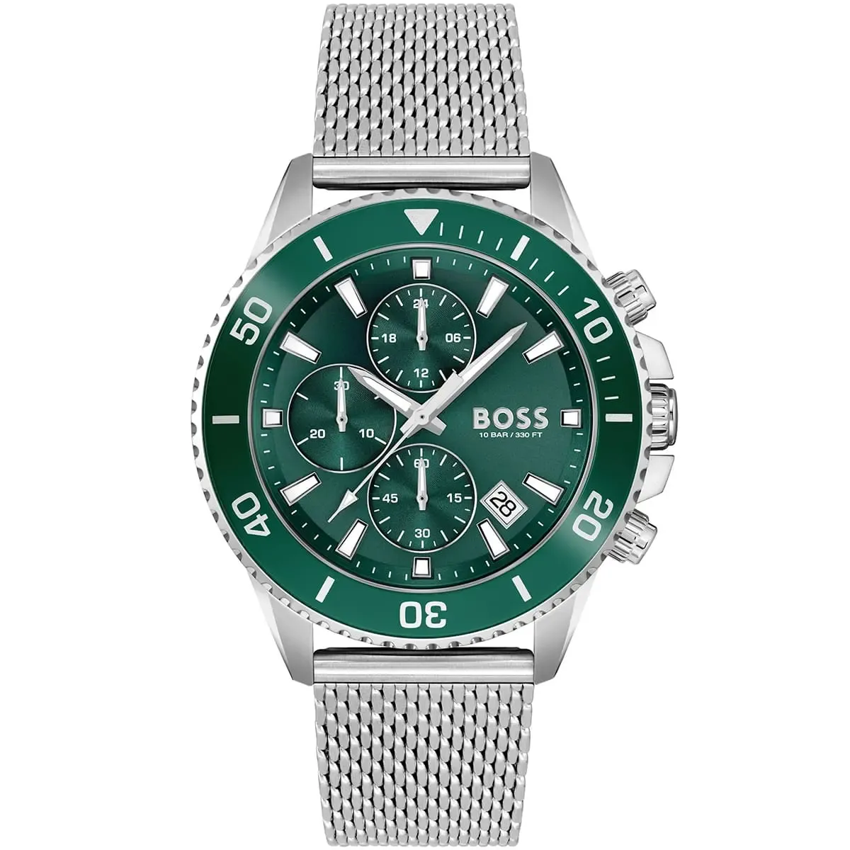 1513905-hugo-boss-watch-men-green-dial-metal-stainless-steel-silver-mesh-strap-quartz-battery-analog-chronograph-10bar-330ft-admiral ساعة هوجو بوس للرجال 1513905 - Image 1