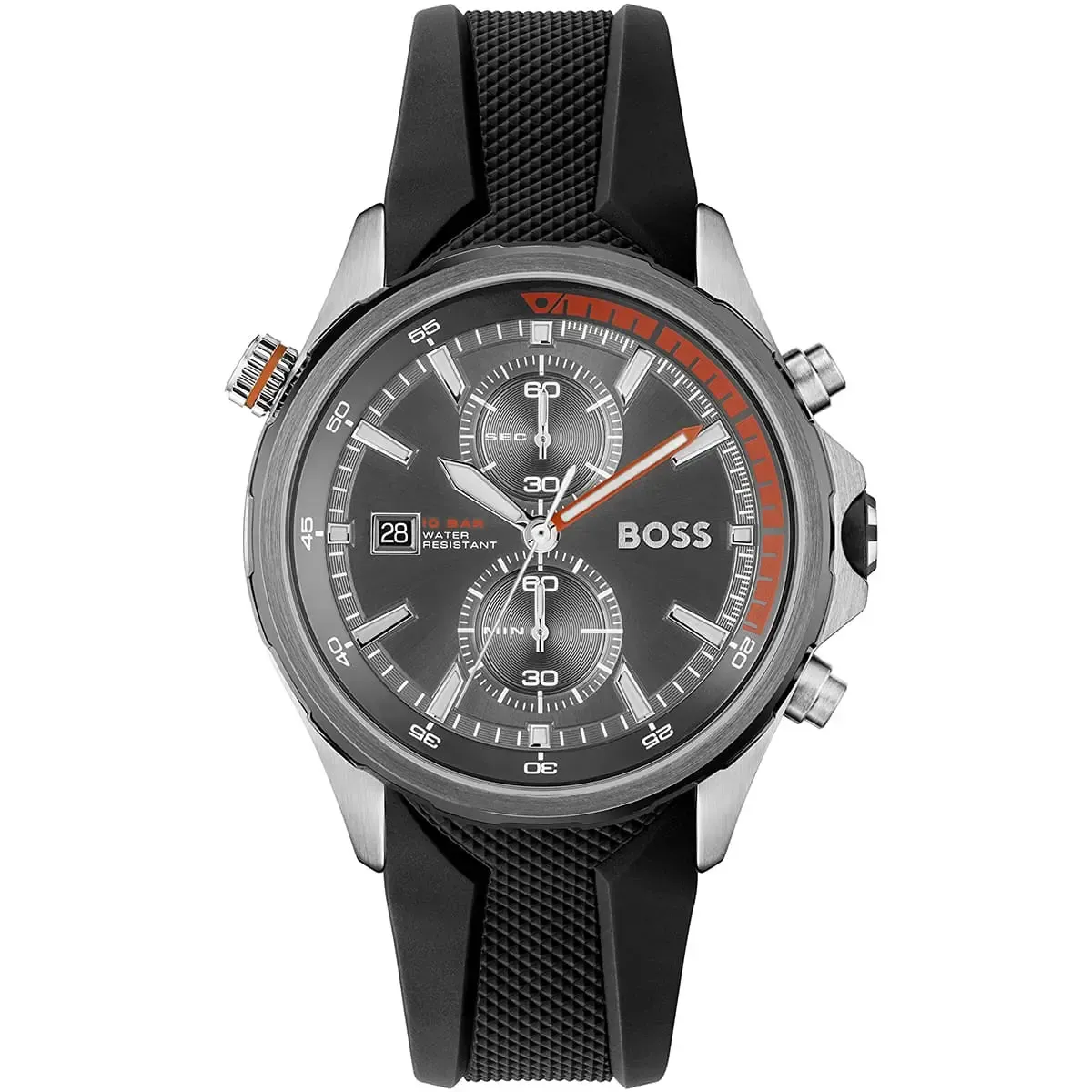 1513931-hugo-boss-watch-men-gray-dial-rubber-black-strap-quartz-battery-analog-chronograph-10bar-water-resistant-globetrotter ساعة هوجو بوس للرجال 1513931 - الصورة 1