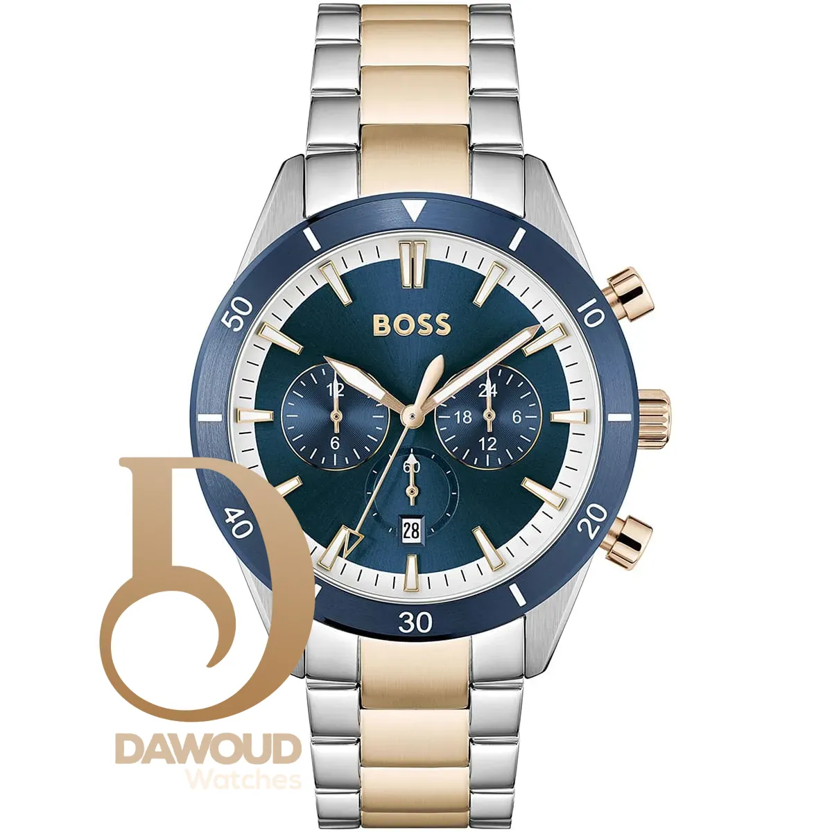 1513937-hugo-boss-watch-men-blue-dial-metal-stainless-silver-rose-gold-strap-quartz-battery-analog-chronograph-santiago ساعة هوجو بوس للرجال 1513937 - الصورة 1