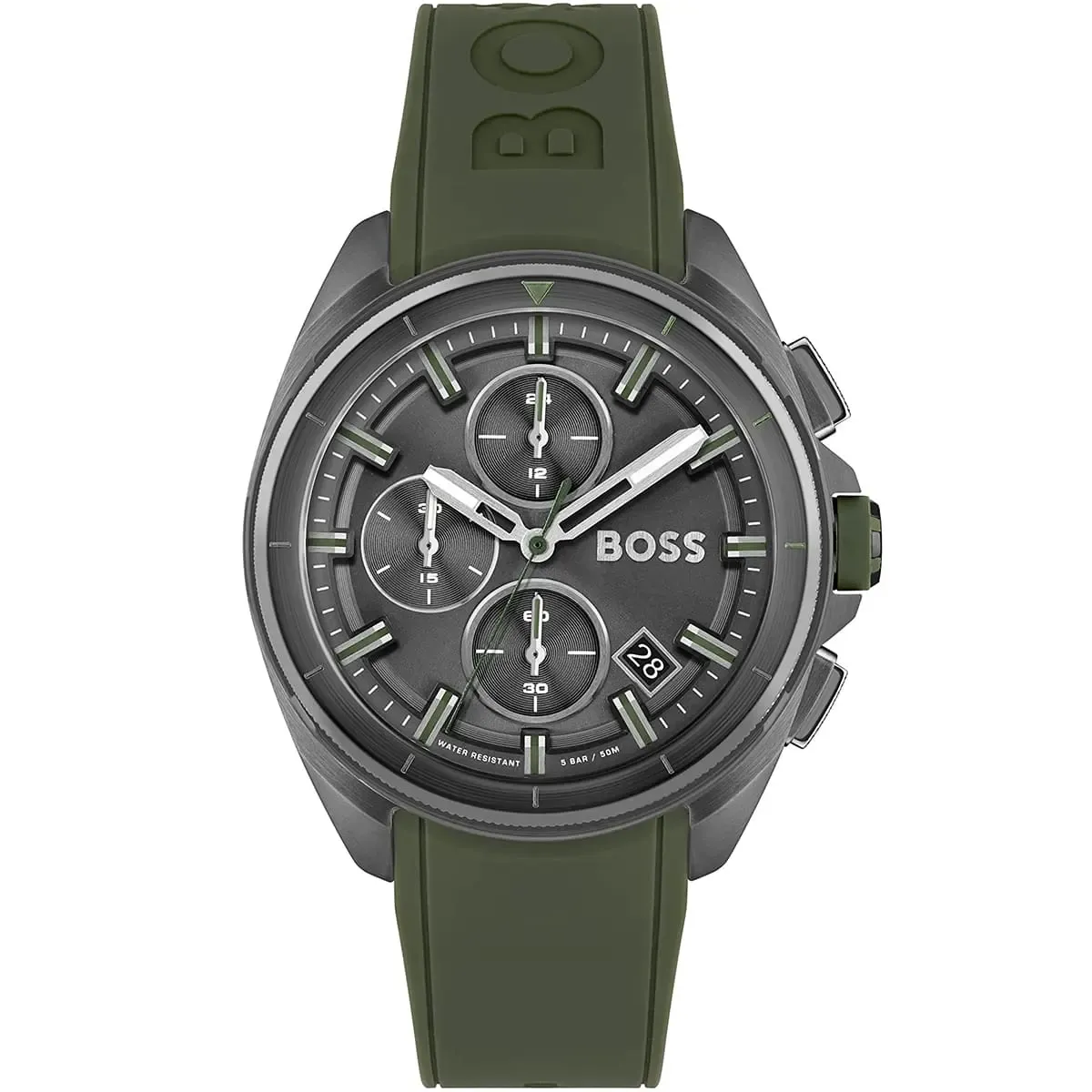 1513952-hugo-boss-watch-men-gray-dial-rubber-green-strap-quartz-battery-analog-chronograph-water-resistant-5bar-50m-volane ساعة هوجو بوس للرجال 1513952 - الصورة 1