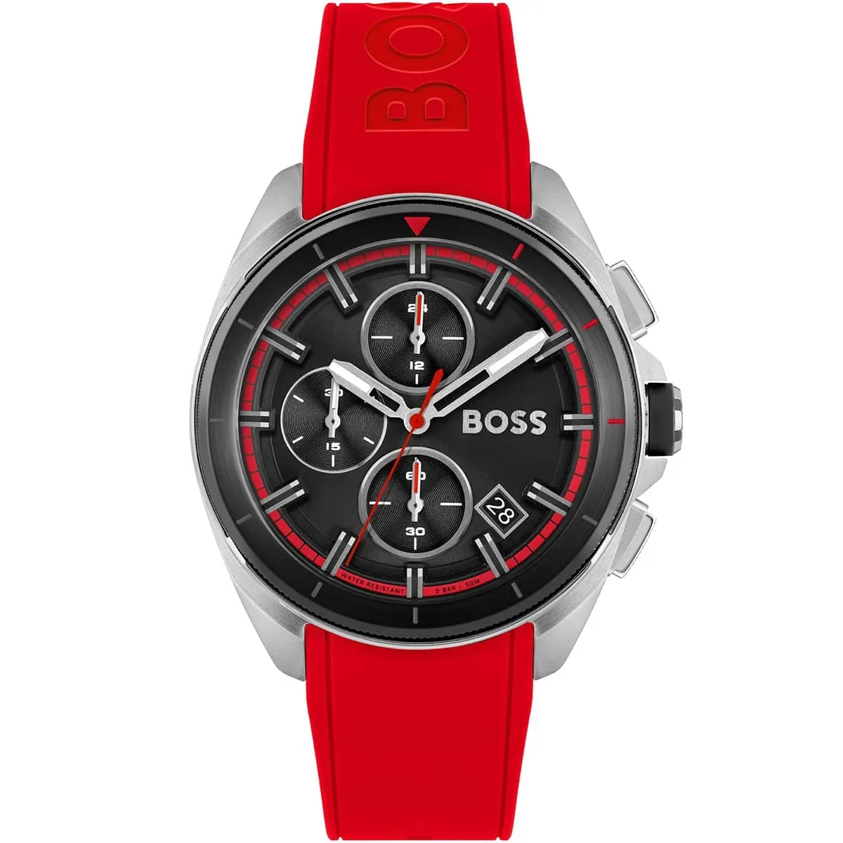 1513959-hugo-boss-watch-men-black-dial-rubber-red-strap-quartz-battery-analog-chronograph-volane ساعة هوجو بوس للرجال 1513959 - الصورة 1