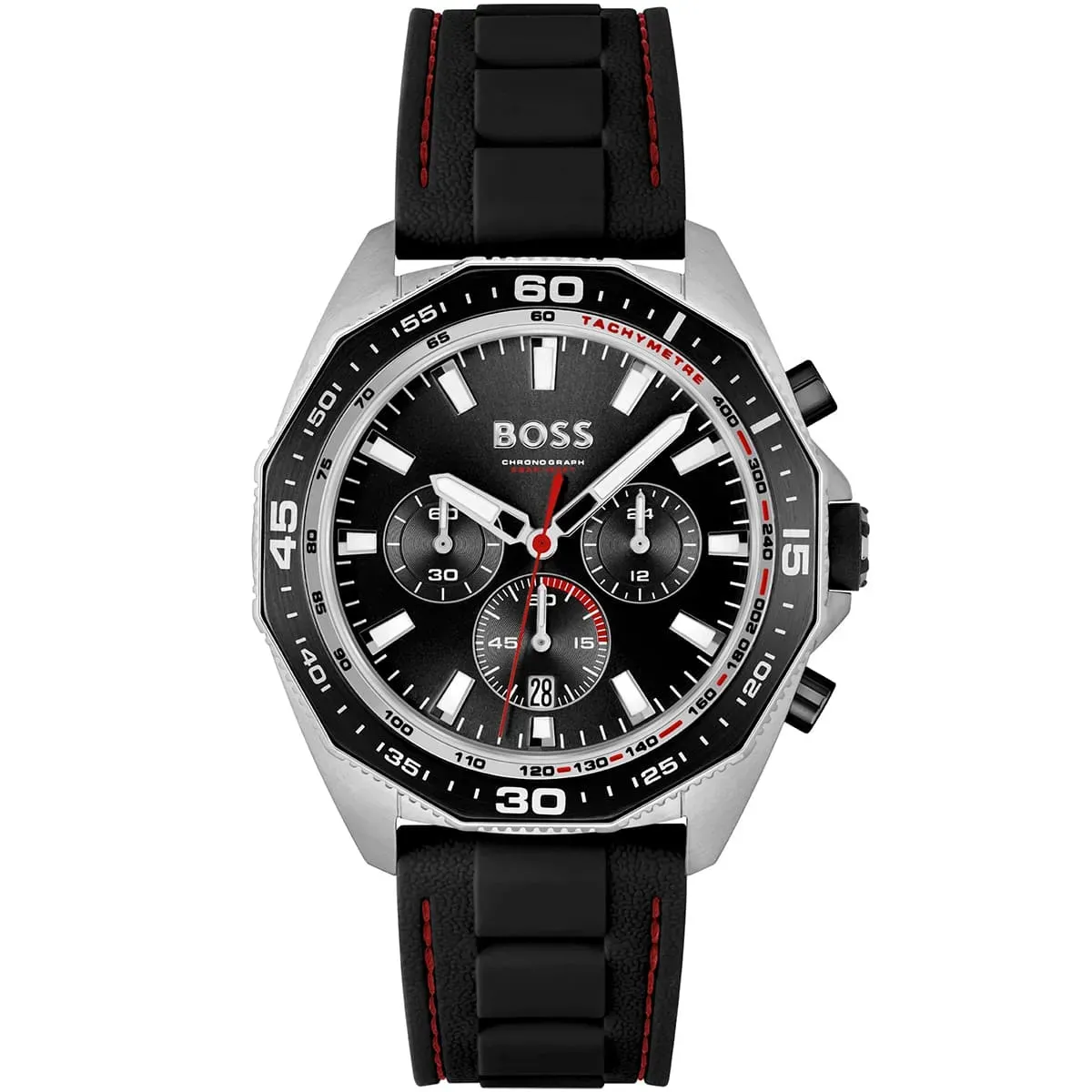 1513969-hugo-boss-watch-chronograph-5bar-165ft-men-black-dial-rubber-strap-quartz-battery-analog-energy ساعة هوجو بوس للرجال 1513969 - Image 1