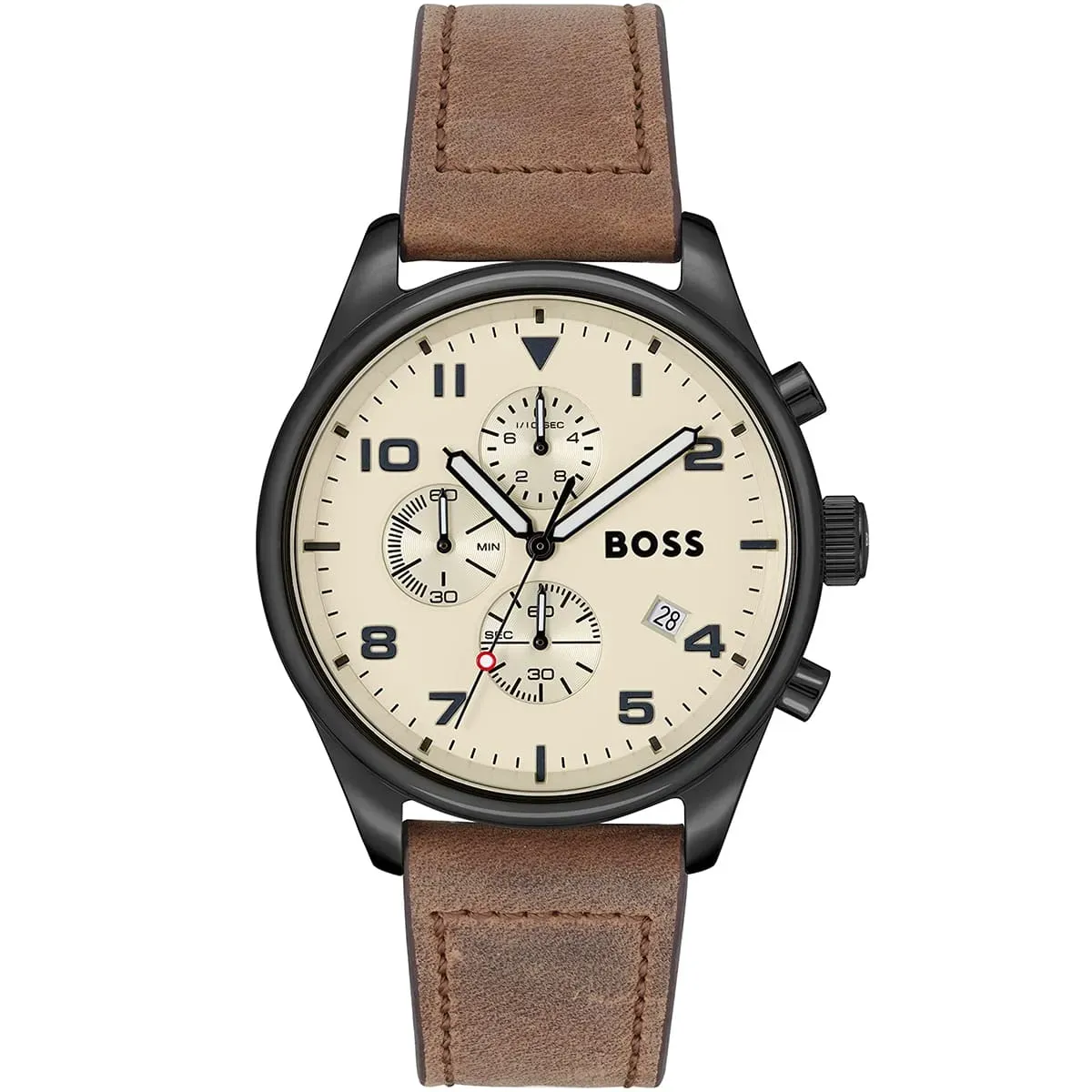 1513990-hugo-boss-watch-men-beige-dial-leather-brown-strap-quartz-battery-analog-chronograph-view ساعة هوجو بوس للرجال 1513990 - Image 1