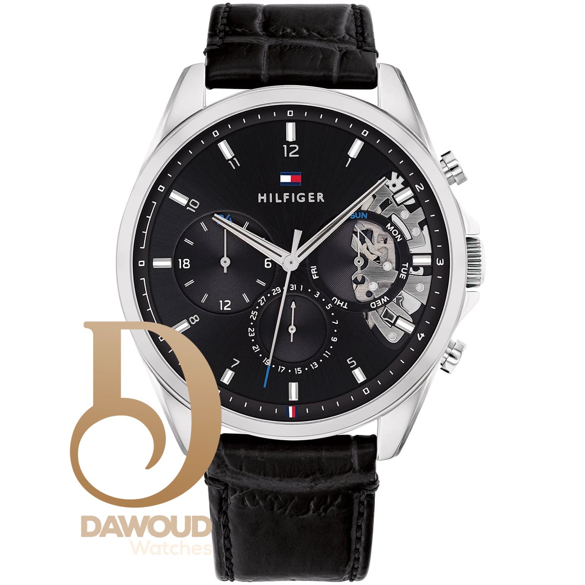 1710449-tommy-hilfiger-watch-men-black-dial-leather-strap-quartz-battery-analog-monthly-weekly-date-baker ساعة تومي هيلفيغر رجالي 1710449 - الصورة 1