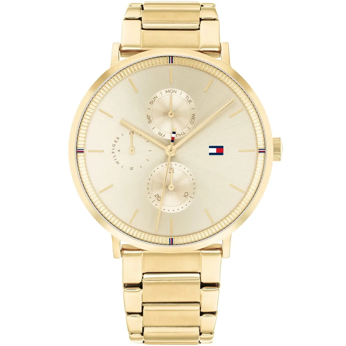 1782297-tommy-hilfiger-watch-women-gold-dial-metal-stainless-steel-golden-strap-quartz-battery-analog-jenna ساعة تومي هيلفيغر للنساء 1782297 - الصورة 1