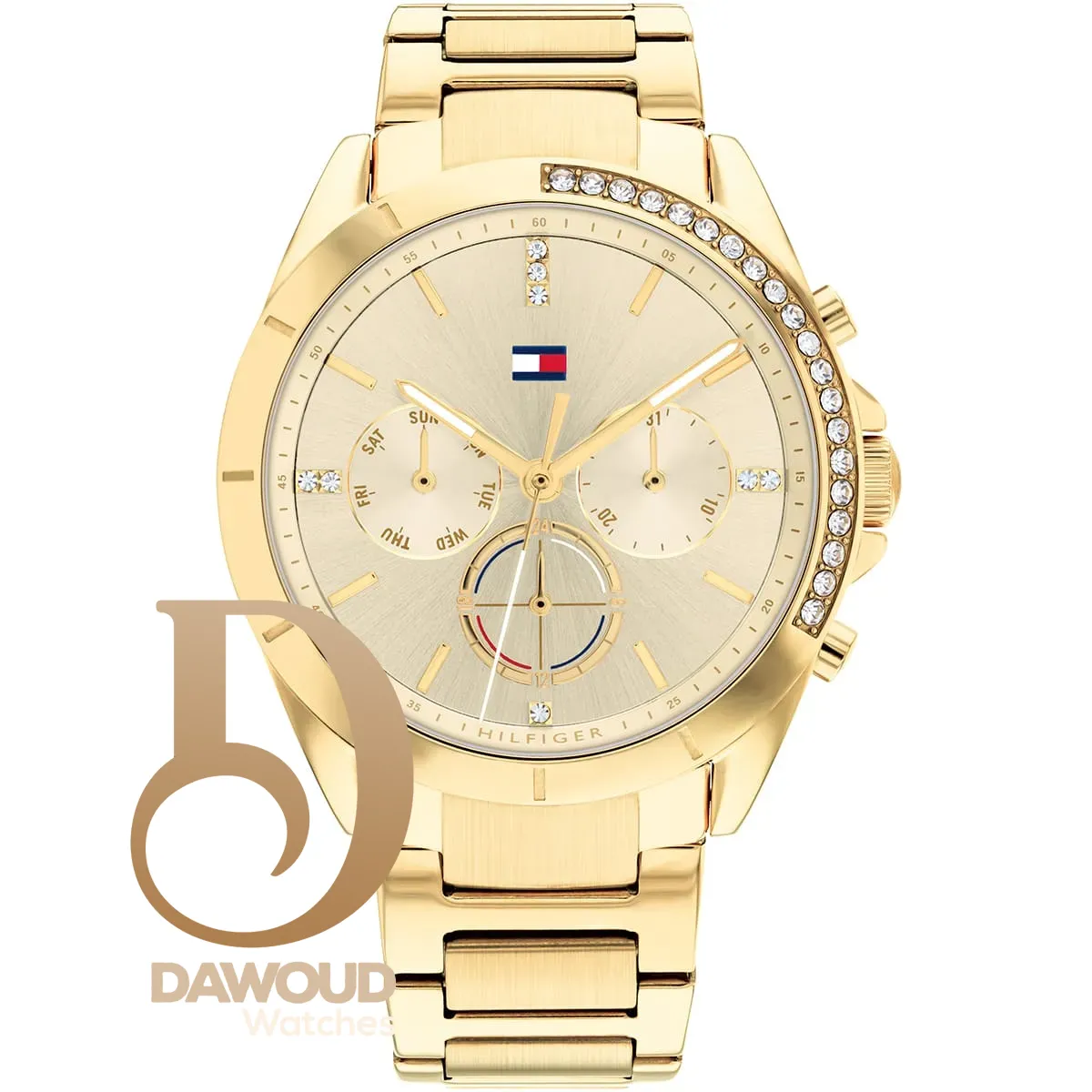 1782385-tommy-hilfiger-watch-women-gold-dial-metal-stainless-steel-golden-strap-quartz-battery-analog-kennedy ساعة تومي هيلفيغر للنساء 1782385 - الصورة 1
