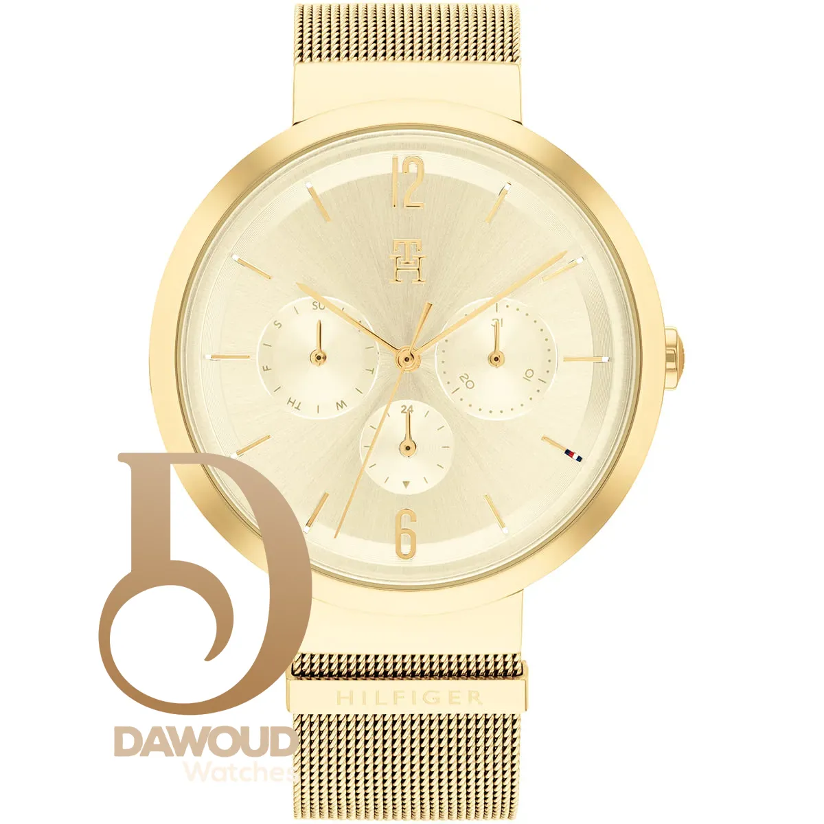 1782539-tommy-hilfiger-watch-women-gold-dial-mesh-metal-stainless-steel-golden-strap-quartz-battery-analog-lidia ساعة تومي هيلفيغر للنساء 1782539 - الصورة 1