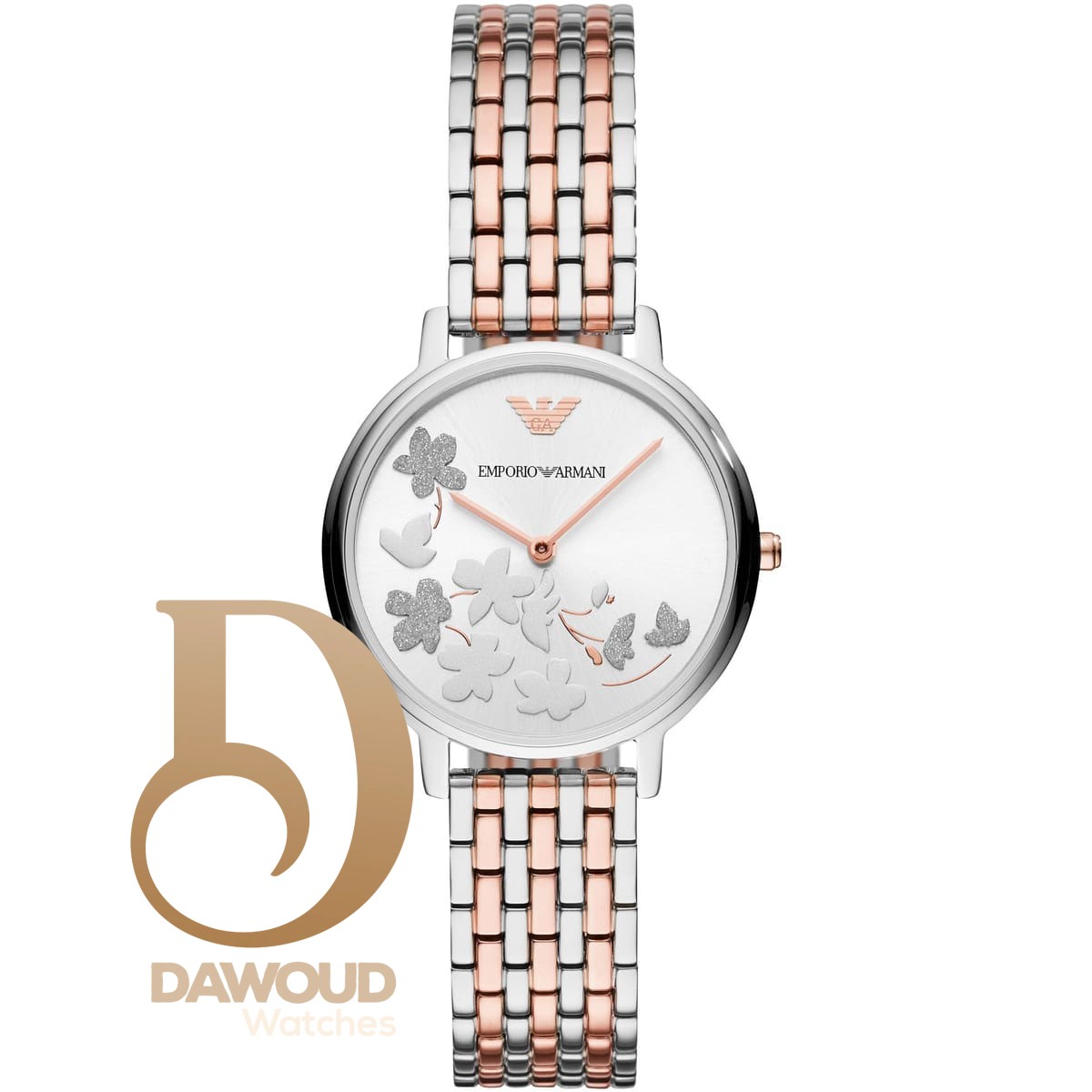 ar11113-emporio-armani-watch-women-silver-dial-stainless-steel-metal-rose-gold-two-tone-strap-quartz-analog-two-hand-flower-kappa ساعة امبوريو ارماني للنساء AR11113 - Image 1