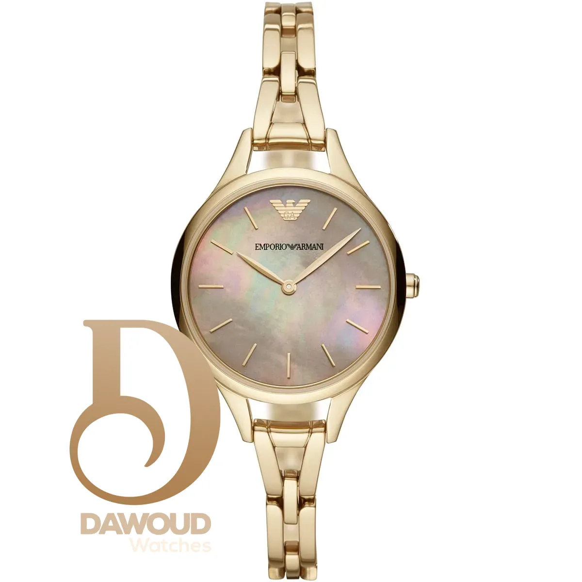 ar11140-emporio-armani-watch-women-mother-of-pearl-gold-dial-stainless-steel-metal-golden-strap-quartz-battery-analog-aurora ساعة امبوريو ارماني للنساء AR11140 - Image 1