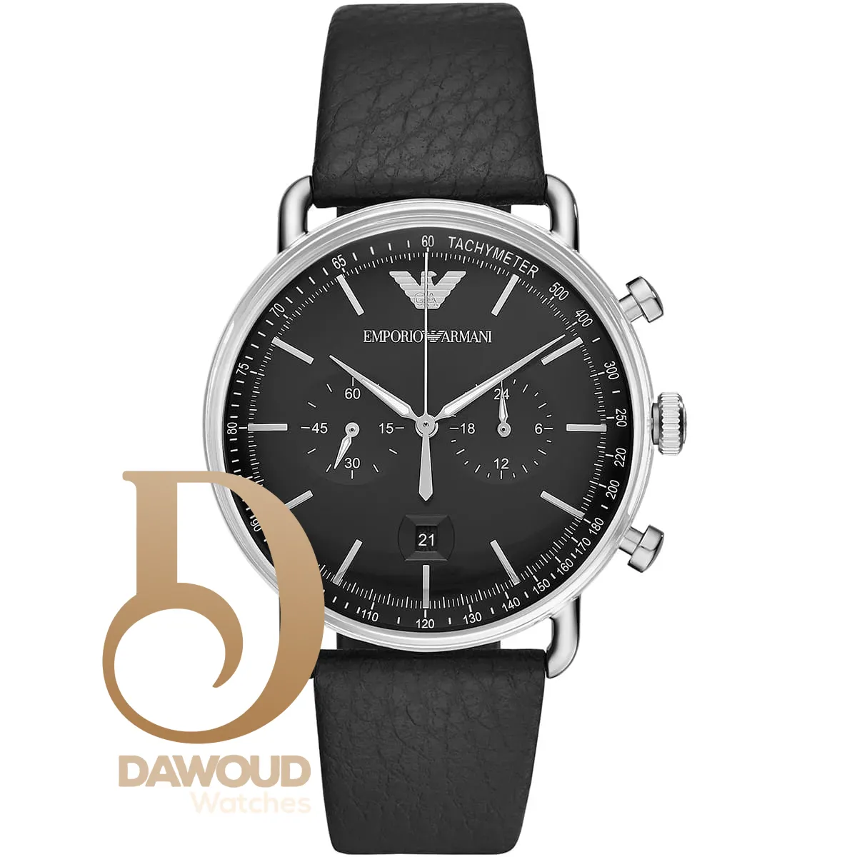 ar11143-emporio-armani-watch-men-black-dial-leather-strap-quartz-battery-analog-chronograph-aviator ساعة امبوريو ارماني للرجال AR11143 - الصورة 1