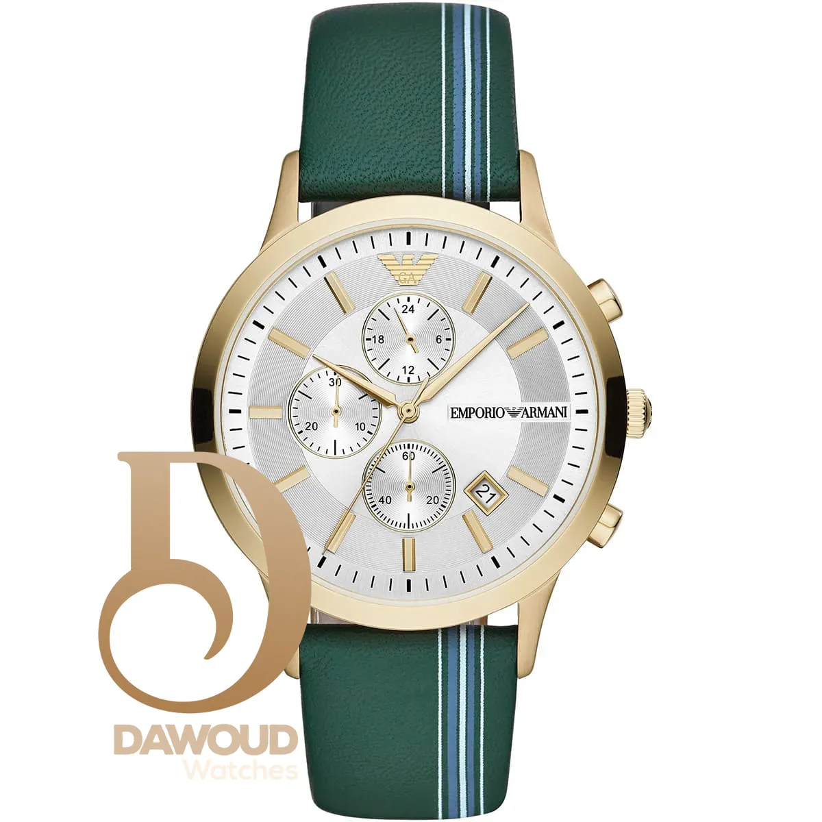 ar11233-emporio-armani-watch-men-silver-dial-leather-green-strap-quartz-battery-analog-chronograph-renato ساعة امبوريو ارماني للرجال AR11233 - الصورة 1