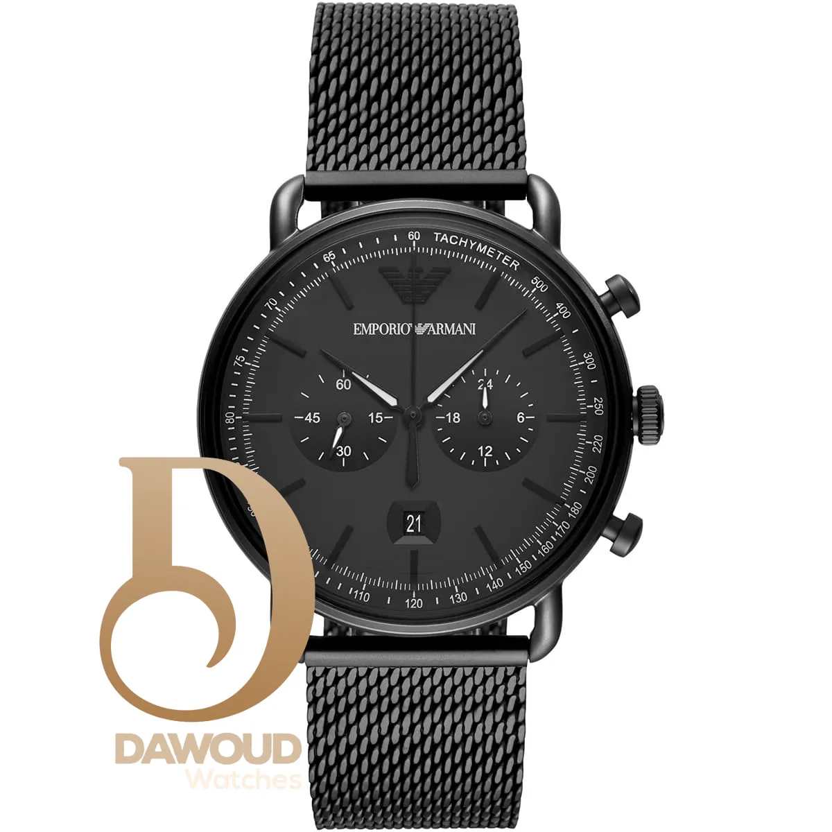 ar11264-emporio-armani-watch-men-black-dial-mesh-stainless-steel-metal-strap-quartz-battery-analog-chronograph-aviator ساعة امبوريو ارماني للرجال AR11264 - Image 1
