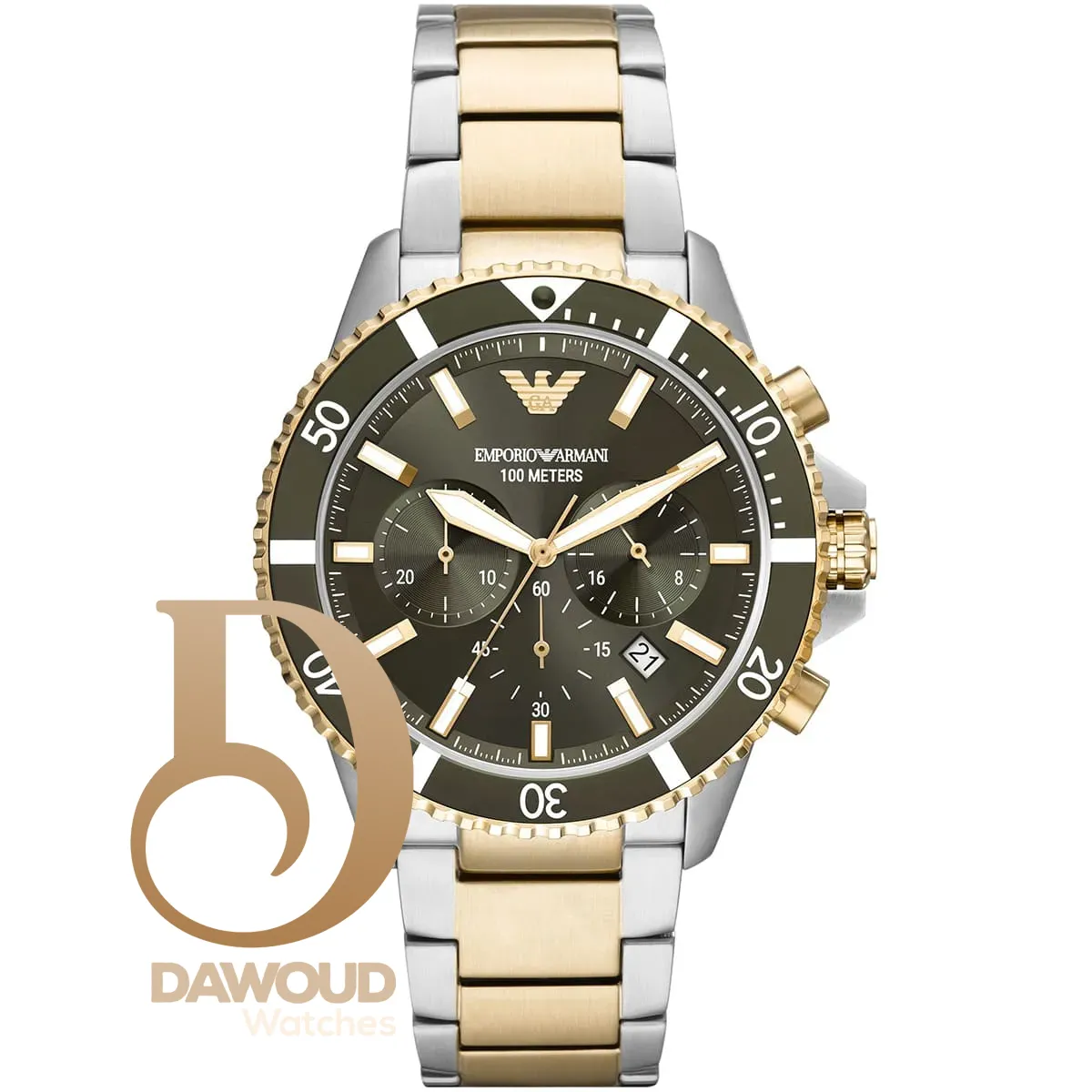 ar11361-emporio-armani-watch-men-green-dial-stainless-steel-metal-silver-gold-strap-quartz-battery-analog-chronograph-diver ساعة امبوريو ارماني للرجال AR11361 - الصورة 1