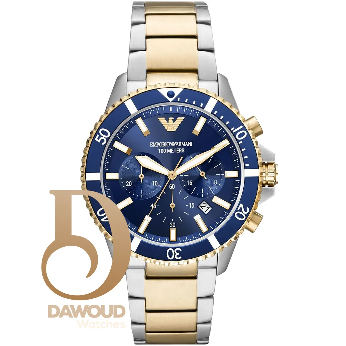 ar11362-emporio-armani-watch-men-blue-dial-stainless-steel-metal-silver-gold-strap-quartz-battery-analog-chronograph-diver ساعة امبوريو ارماني للرجال AR11362 - Image 1