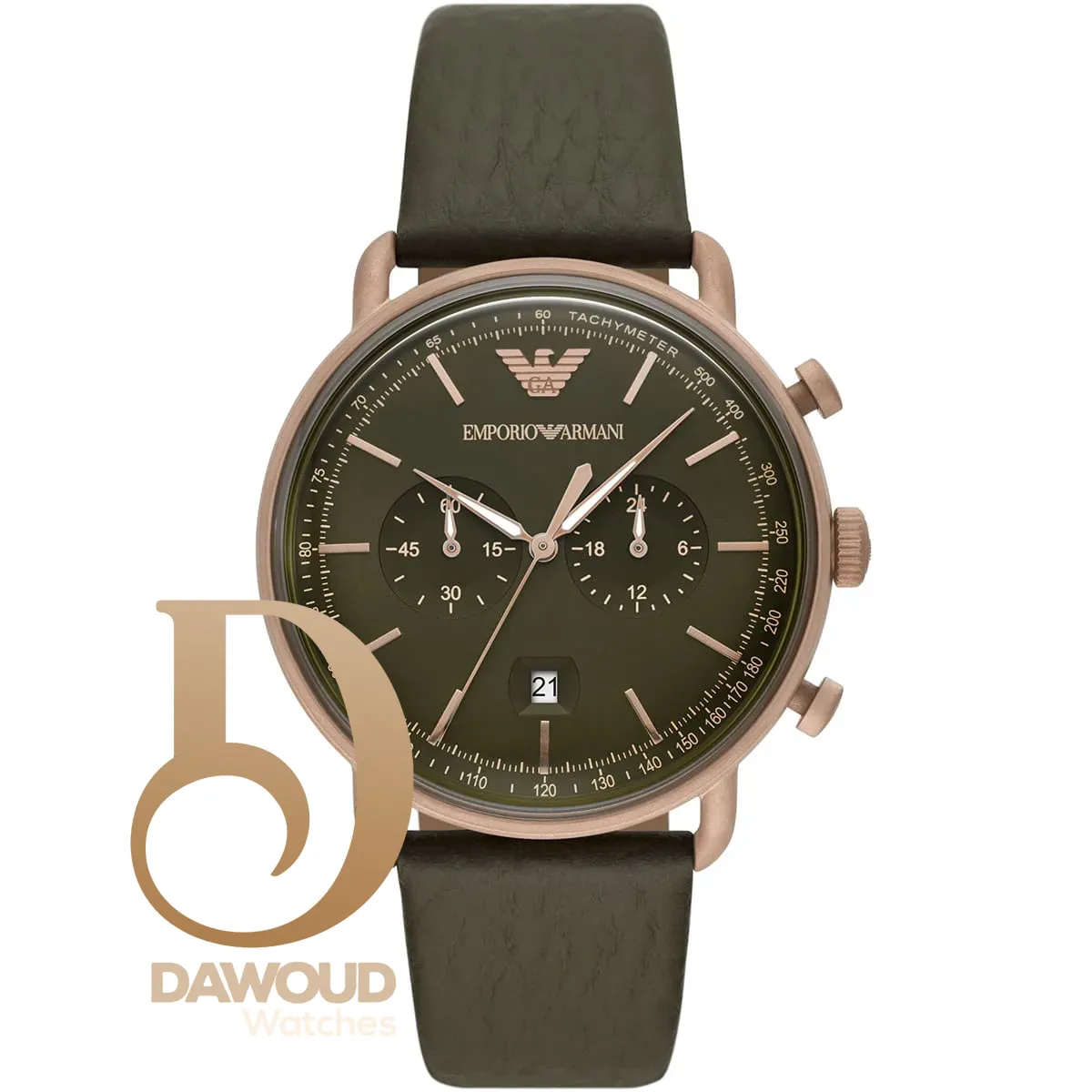 ar11421-emporio-armani-watch-men-green-dial-leather-strap-quartz-battery-analog-chronograph-aviator ساعة امبوريو ارماني للرجال AR11421 - الصورة 1