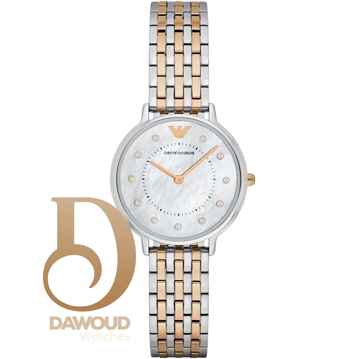 ar2508-emporio-armani-watch-women-mother-of-pearl-white-dial-stainless-steel-metal-silver-rose-gold-strap-quartz-battery-analog-kappa ساعة امبوريو ارماني للنساء AR2508 - Image 1
