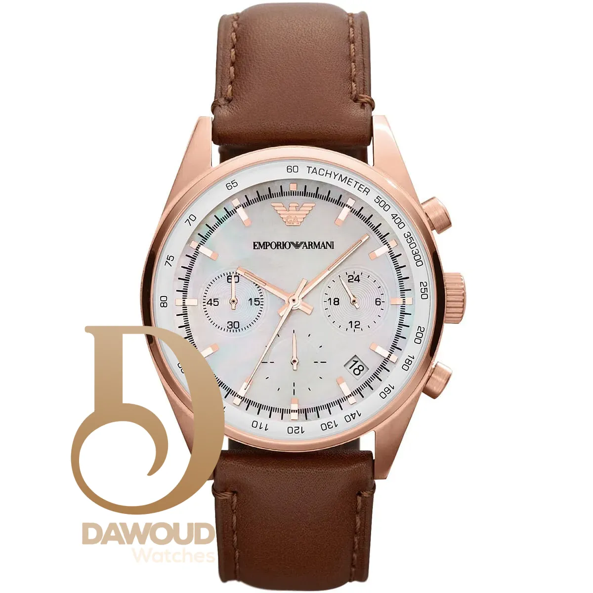 ar5996-emporio-armani-watch-women-white-dial-leather-brown-strap-quartz-battery-analog-chronograph-tazio-medium ساعة امبوريو ارماني للنساء AR5996 - الصورة 1