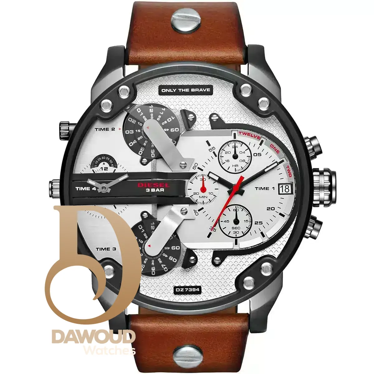 dz7394 diesel watch men white dial leather brown strap quartz battery analog chronograph 3 bar only the brave mr daddy