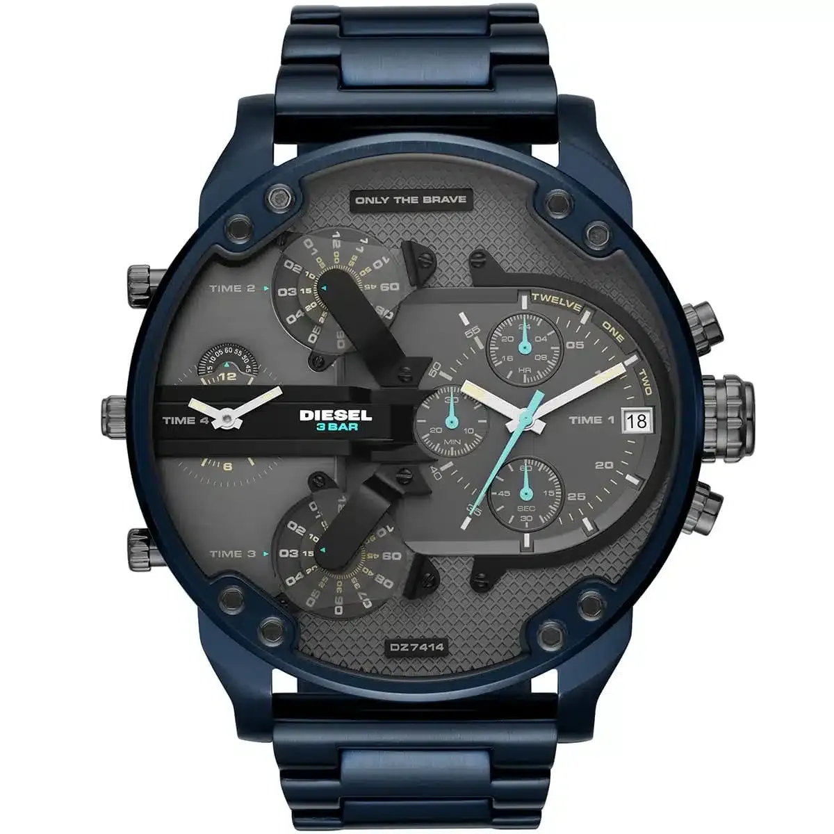 dz7414 diesel watch men gray dial metal stainless steel blue strap quartz battery analog chronograph 3 bar only the brave mr daddy