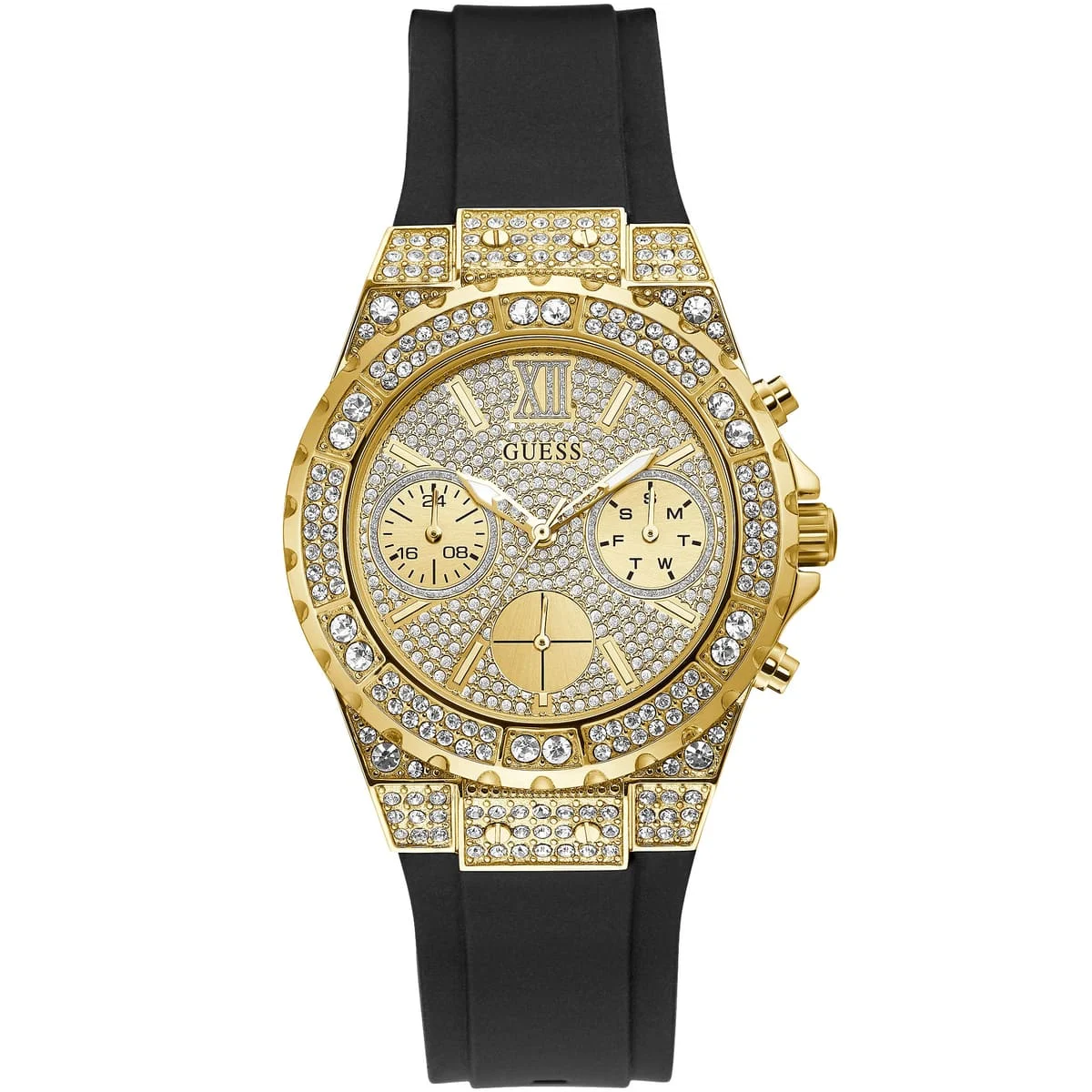 gw0038l1-guess-watch-women-gold-dial-rubber-black-strap-quartz-analog-day-date-month-aphrodite-1 ساعة جيس للنساء GW0038L1 - Image 1