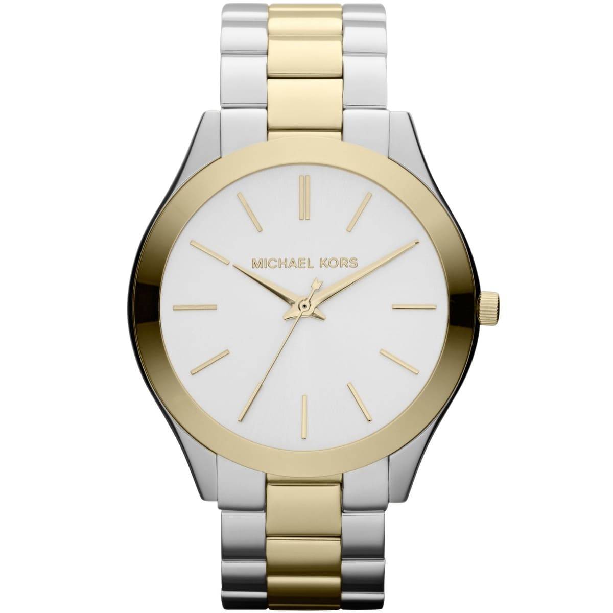 mk3198-michael-kors-watch-women-silver-dial-stainless-steel-metal-gold-two-tone-strap-quartz-analog-three-hand-runway ساعة مايكل كورس للنساء MK3198 - Image 1