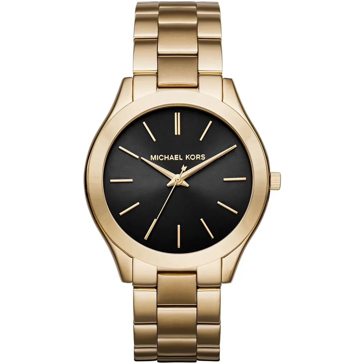 mk3478-michael-kors-watch-women-black-dial-metal-stainless-steel-gold-strap-quartz-battery-analog-three-hand-runway-slim ساعة مايكل كورس للنساء MK3478 - Image 1