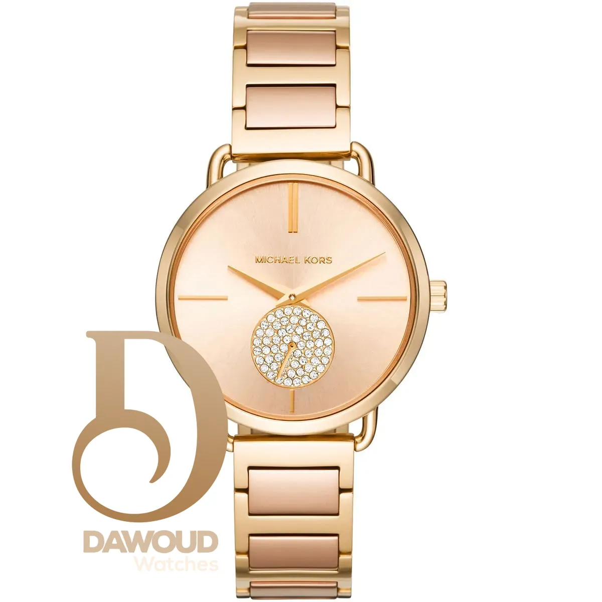 mk3706-michael-kors-watch-women-crystals-pink-dial-metal-stainless-steel-gold-rose-golden-strap-quartz-battery-analog-three-hand-portia ساعة مايكل كورس للنساء MK3852 - Image 1