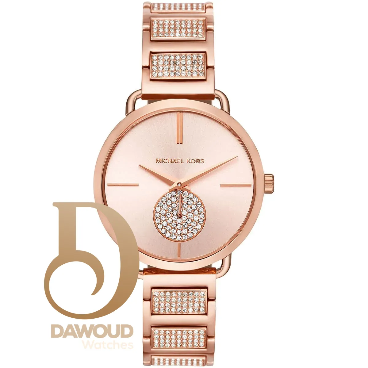 mk3853 michael kors watch women crystals rose gold dial metal stainless steel strap quartz battery analog three hand portia