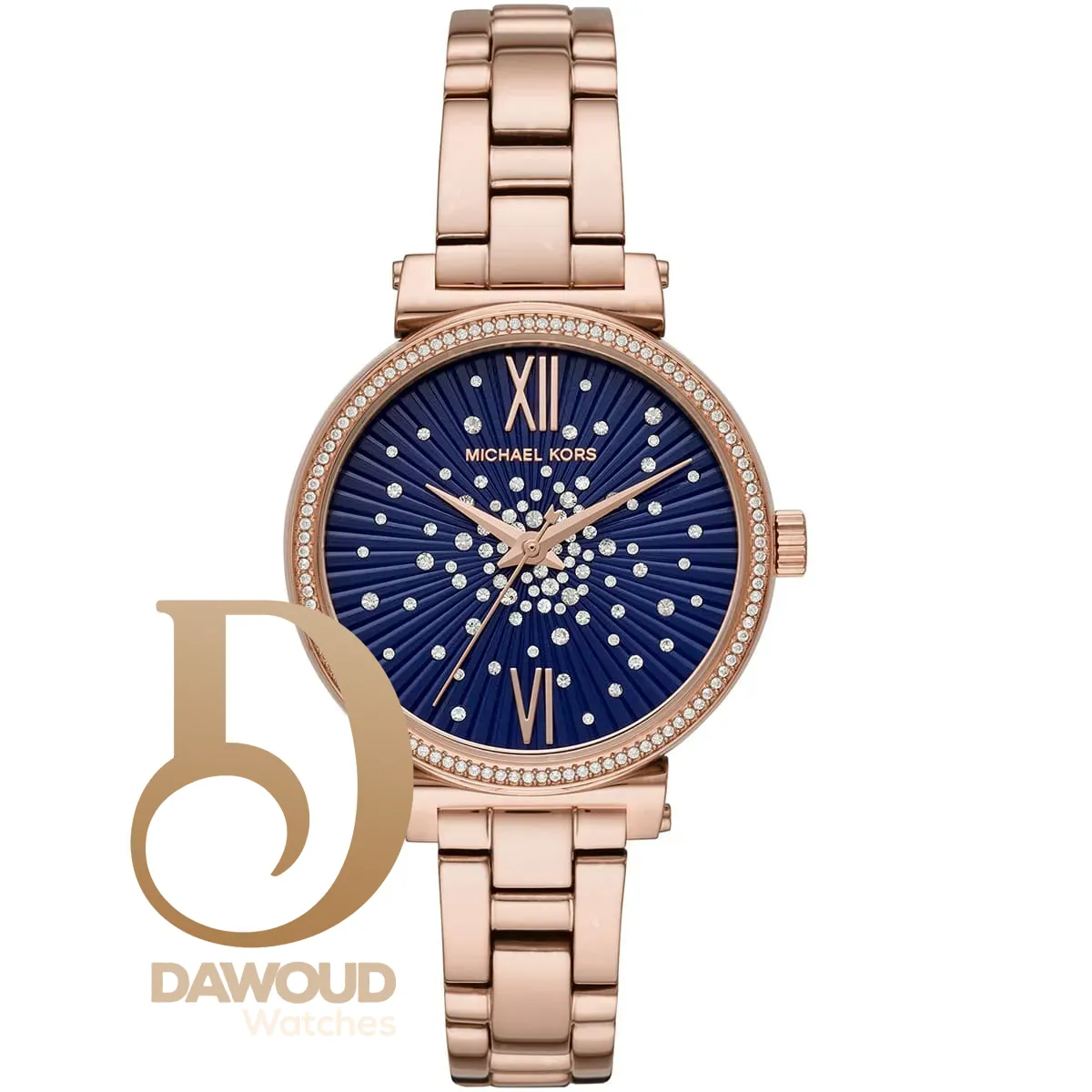 mk3971 michael kors watch women crystals blue dial metal stainless steel rose gold strap quartz battery analog three hand sofie