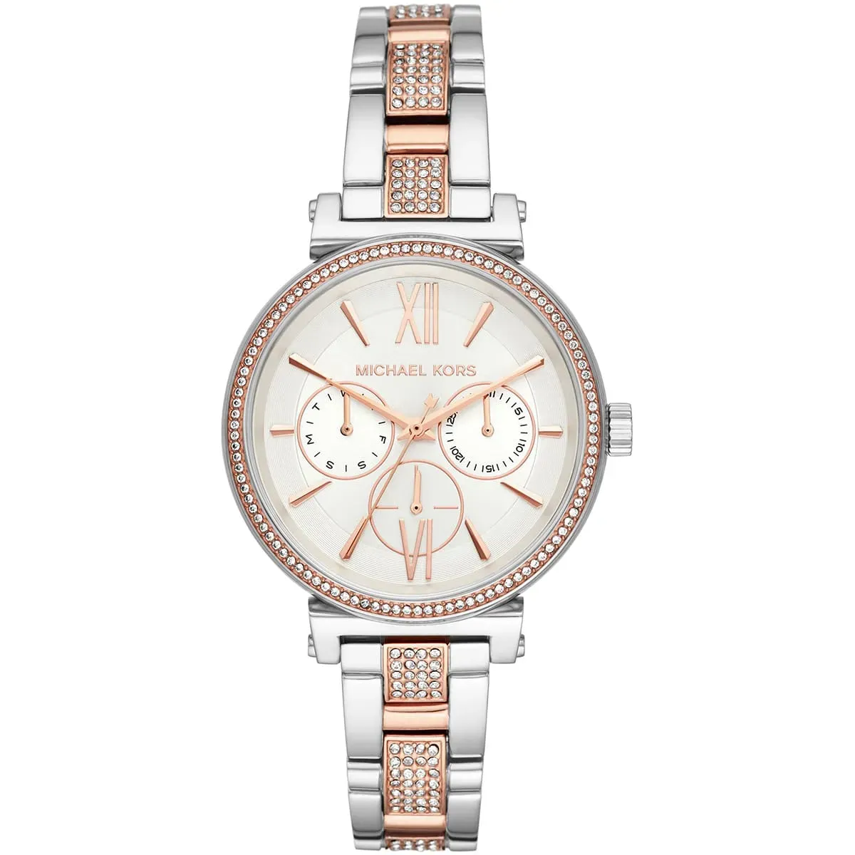 mk4353-michael-kors-watch-women-crystals-silver-dial-metal-stainless-steel-rose-gold-two-tone-strap-quartz-battery-analog-three-hand-sofie ساعة مايكل كورس للنساء MK4353 - Image 1