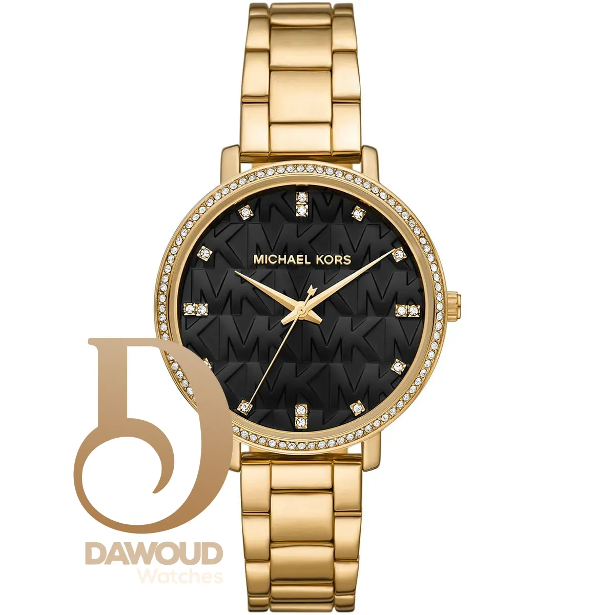 mk4593-michael-kors-watch-women-mk-logo-black-dial-metal-stainless-steel-gold-strap-quartz-battery-analog-three-hand-pyper ساعة مايكل كورس للنساء MK4593 - Image 1