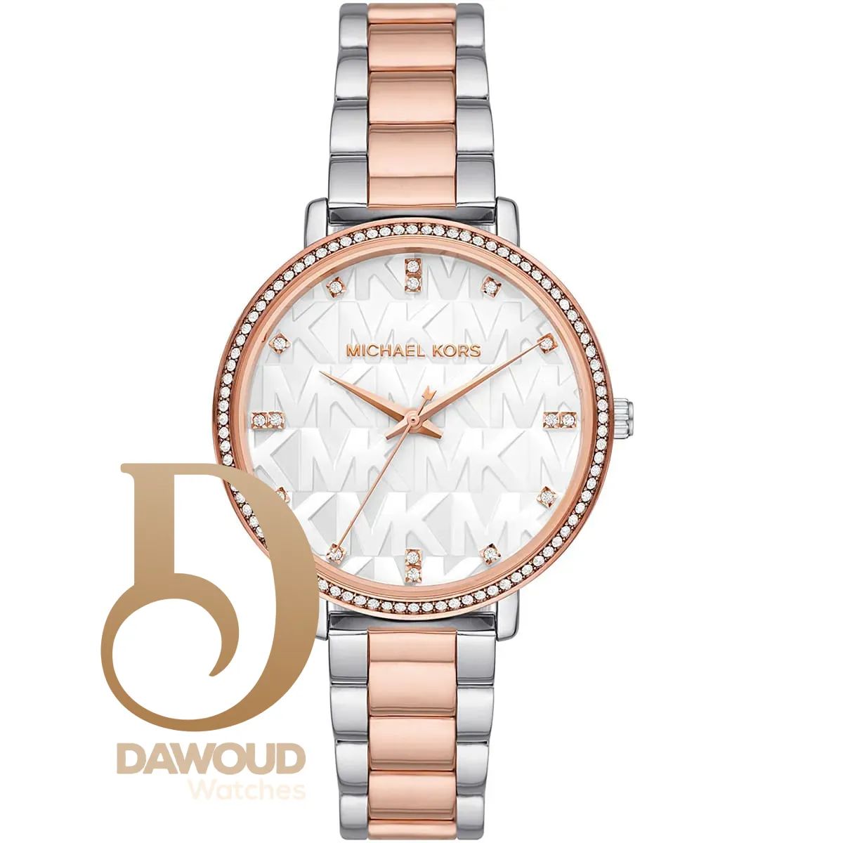 mk4667-michael-kors-watch-women-mk-logo-white-dial-metal-stainless-steel-silver-rose-gold-two-tone-strap-quartz-battery-analog-three-hand-pyper ساعة مايكل كورس للنساء MK4667 - Image 1