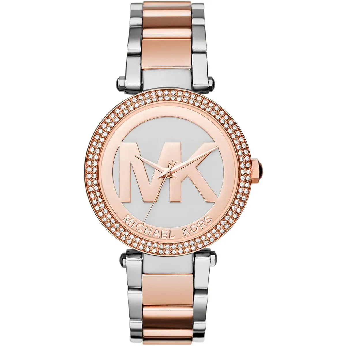 mk6314-michael-kors-watch-women-mk-logo-crystals-silver-dial-metal-stainless-steel-rose-gold-two-tone-strap-quartz-battery-analog-three-hand-parker ساعة مايكل كورس للنساء MK6314 - Image 1