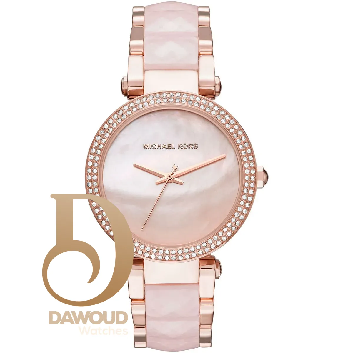 mk6402 michael kors watch women mother of pearl crystals rose gold dial multi strap quartz battery analog three hand parker