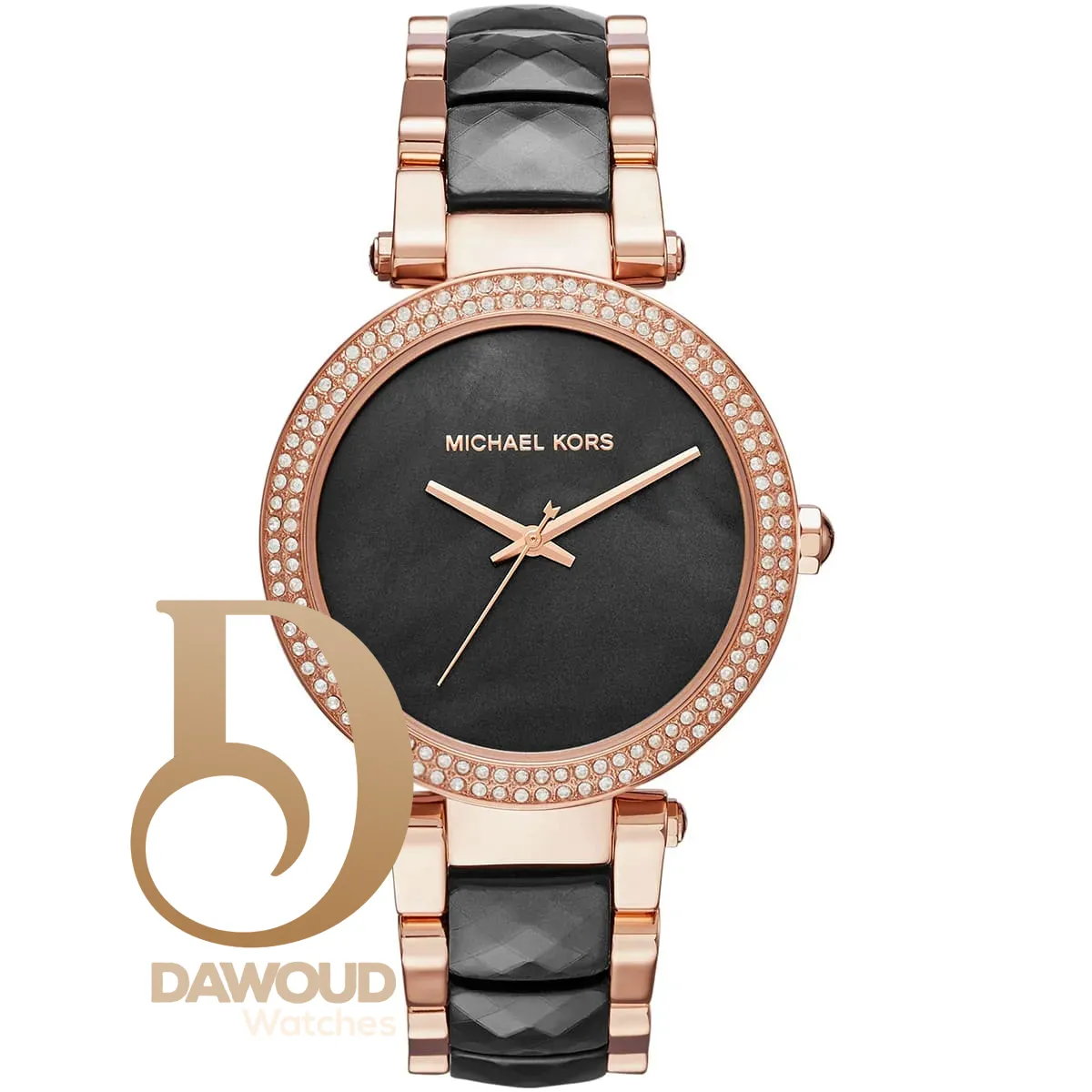 mk6414-michael-kors-watch-women-mother-of-pearl-crystals-black-dial-multi-rose-gold-strap-quartz-battery-analog-three-hand-parker ساعة مايكل كورس للنساء MK6414 - Image 1