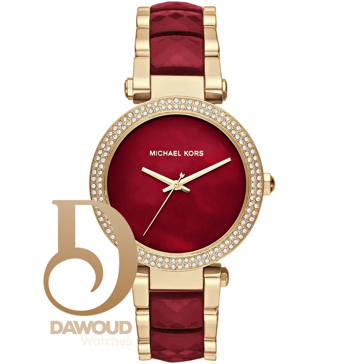 mk6427 michael kors watch women mother of pearl crystals red dial metal stainless steel gold strap quartz battery analog three hand parker 1