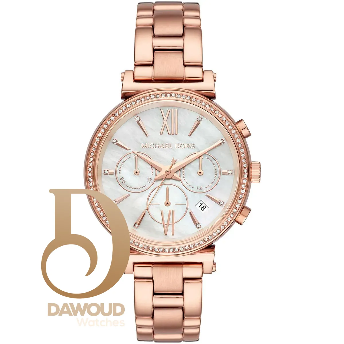 mk6576-michael-kors-watch-women-crystals-mother-of-pearl-white-dial-metal-stainless-steel-rose-gold-strap-quartz-battery-analog-chronograph-sofie ساعة مايكل كورس للنساء MK6576 - الصورة 1