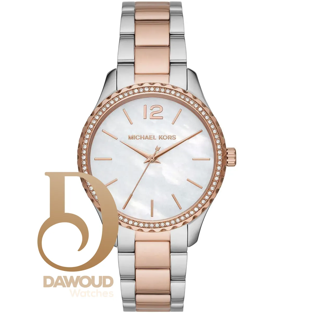 mk6849-michael-kors-watch-women-mother-of-pearl-white-dial-metal-stainless-steel-silver-rose-gold-two-tone-strap-quartz-battery-analog-three-hand-layton ساعة مايكل كورس للنساء MK6849 - Image 1