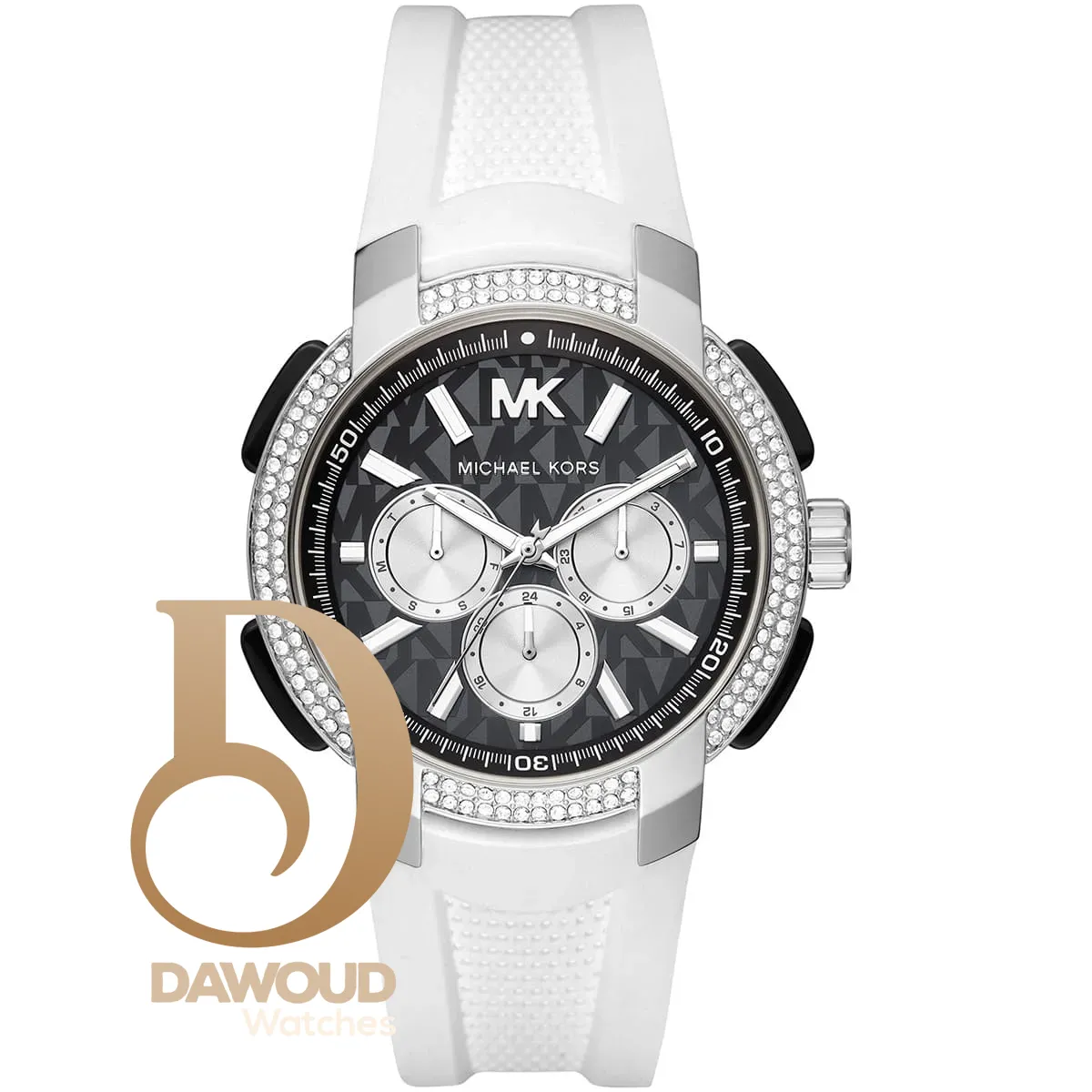 mk6947-michael-kors-watch-women-crystals-black-dial-rubber-white-strap-quartz-battery-analog-chronograph-sidney ساعة مايكل كورس للنساء MK6947 - الصورة 1