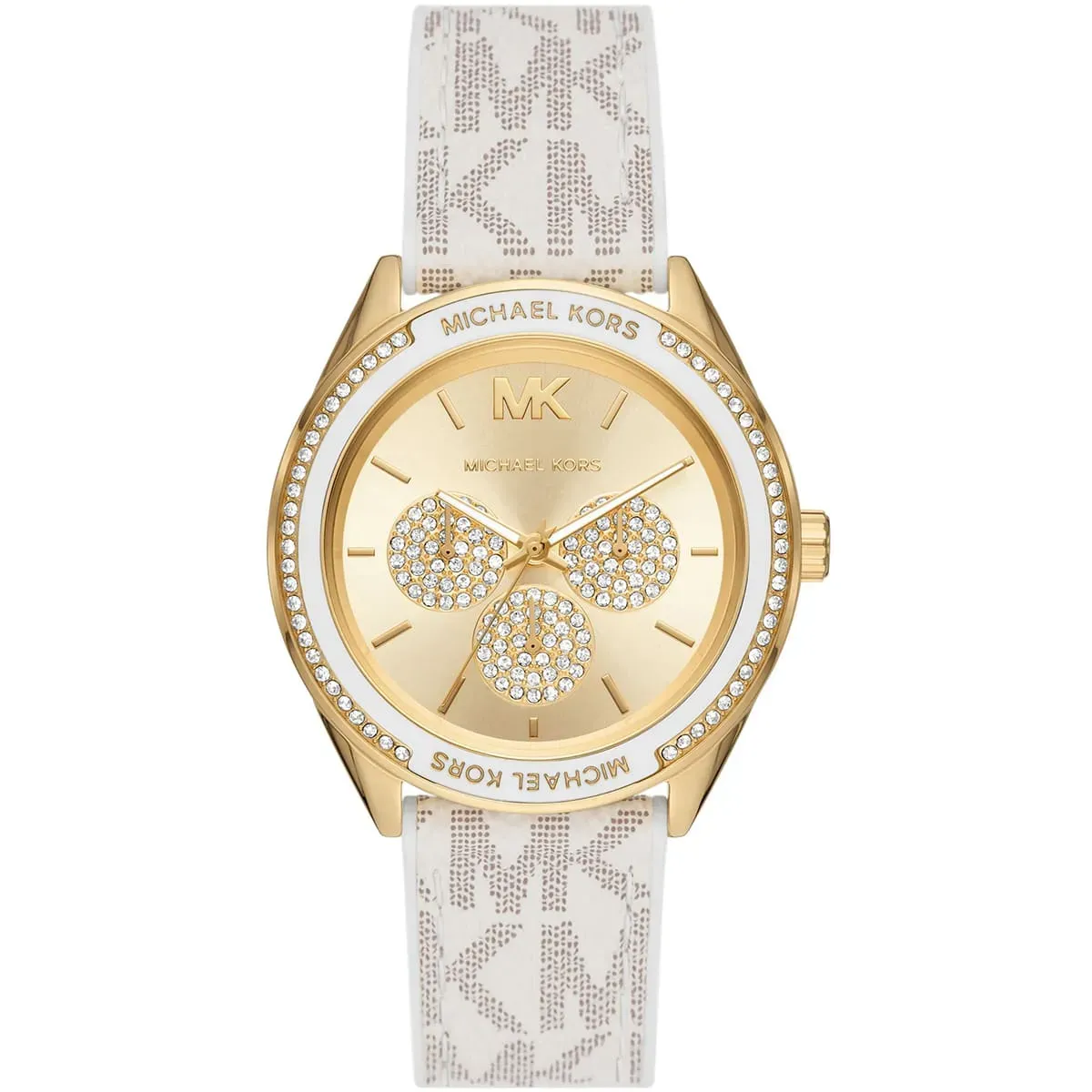 mk7204-michael-kors-watch-women-crystals-gold-dial-polyurethane-chloride-white-strap-quartz-battery-analog-jessa ساعة مايكل كورس للنساء MK7204 - الصورة 1