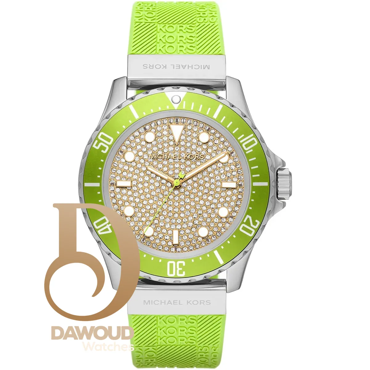 mk7360-michael-kors-watch-women-crystals-silver-dial-rubber-green-strap-quartz-battery-analog-three-hand-everest ساعة مايكل كورس للنساء MK7360 - Image 1
