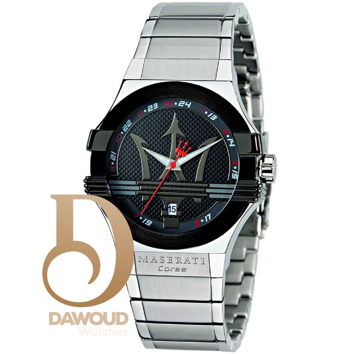 r8853108001-maserati-watch-men-black-dial-metal-stainless-steel-silver-strap-quartz-battery-analog-three-hand-corse-potenza ساعة مازيراتي للرجال R8853108001 - الصورة 1